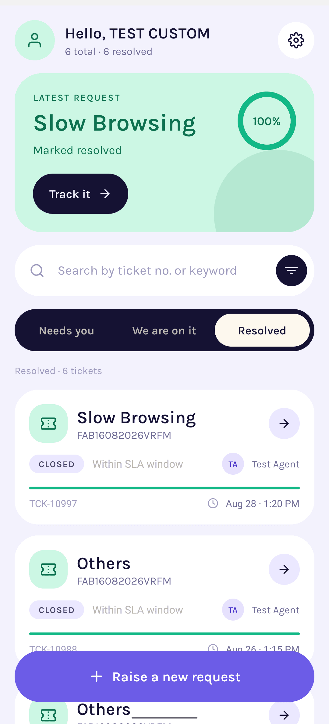 Samadhan helpdesk mobile app showing a customer’s list of support tickets